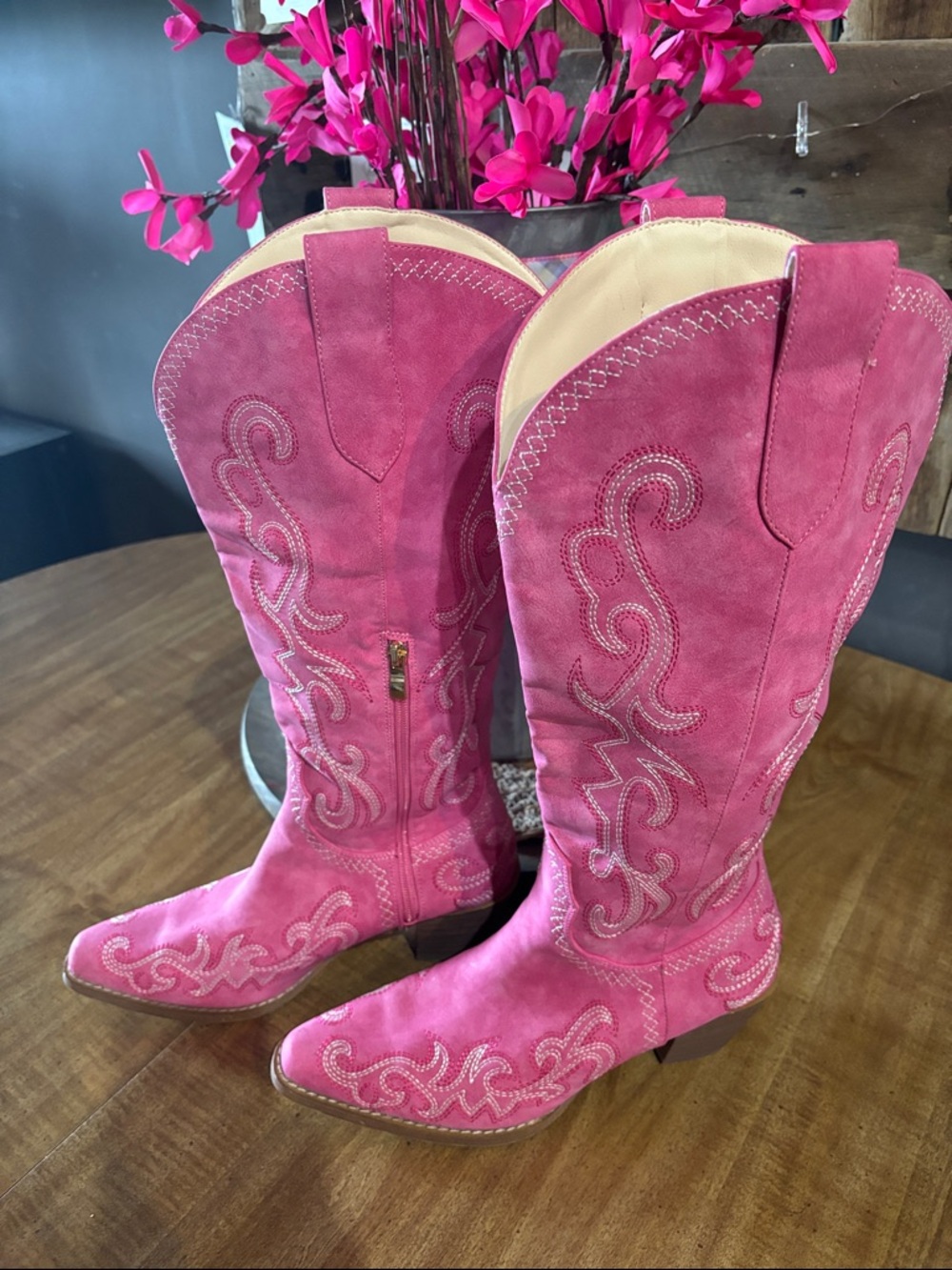 Pink Suede-like Embroidered Western Cowboy Boots